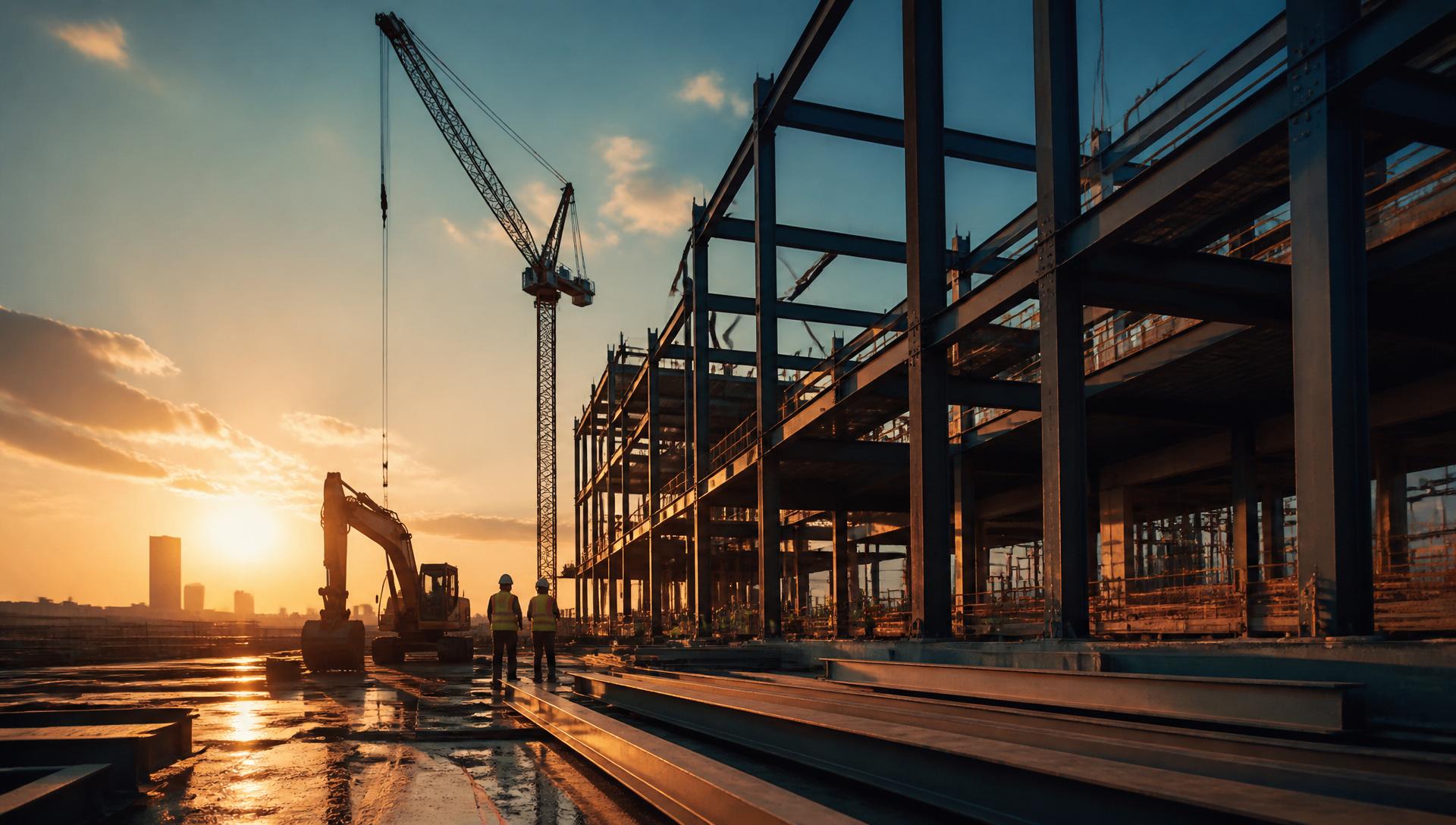 Construction site at golden hour with steel framing and cranes